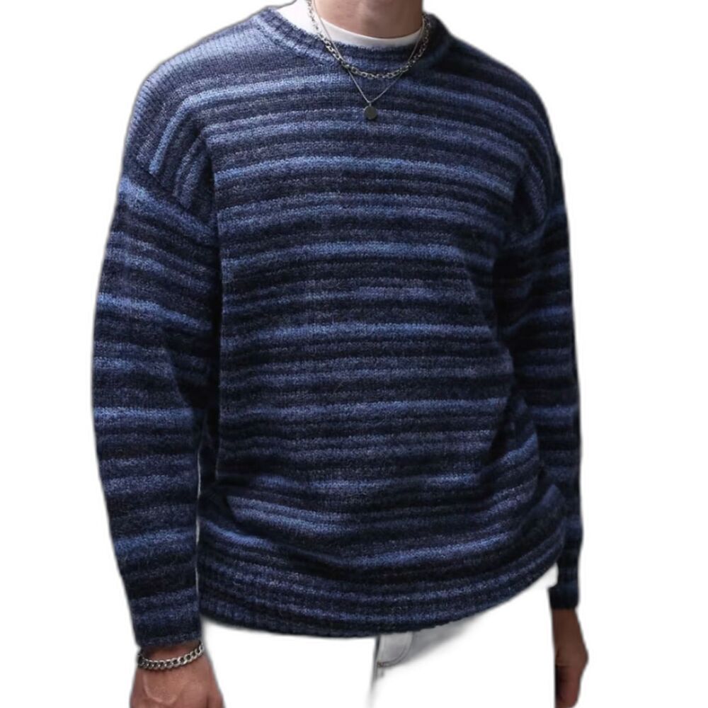 ASOS Topman Mens Relaxed Fit Fluffy Striped Blue Sweater Large L